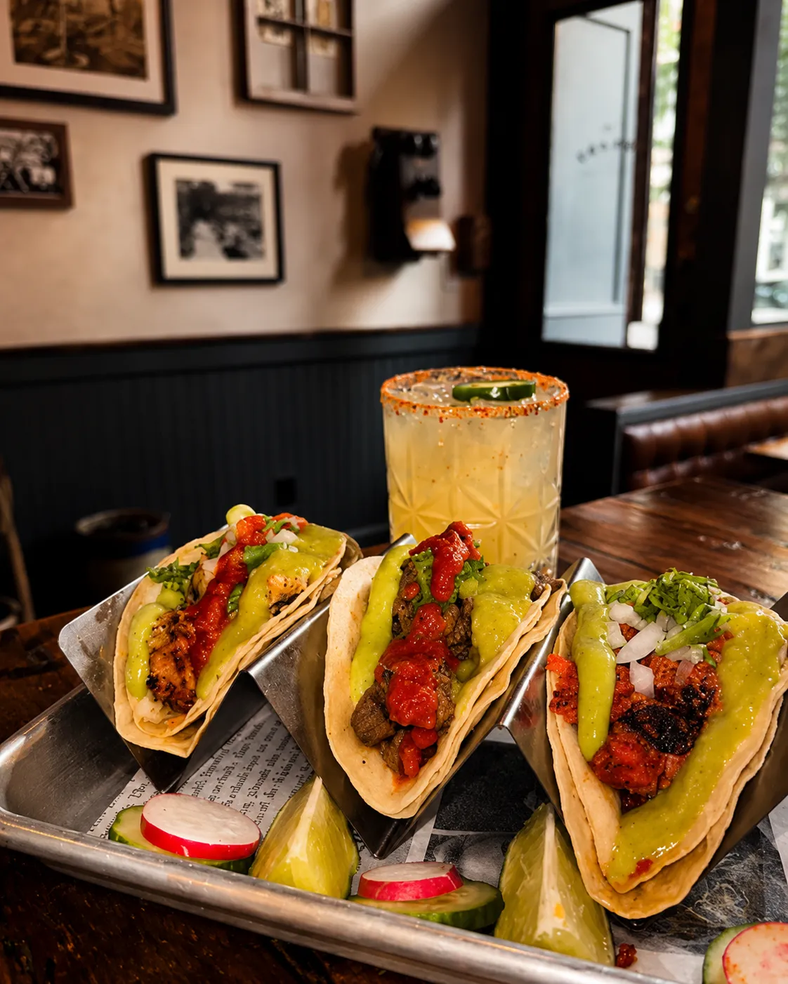 Three tacos and a spiced-rim margarita on a tray at The Canary